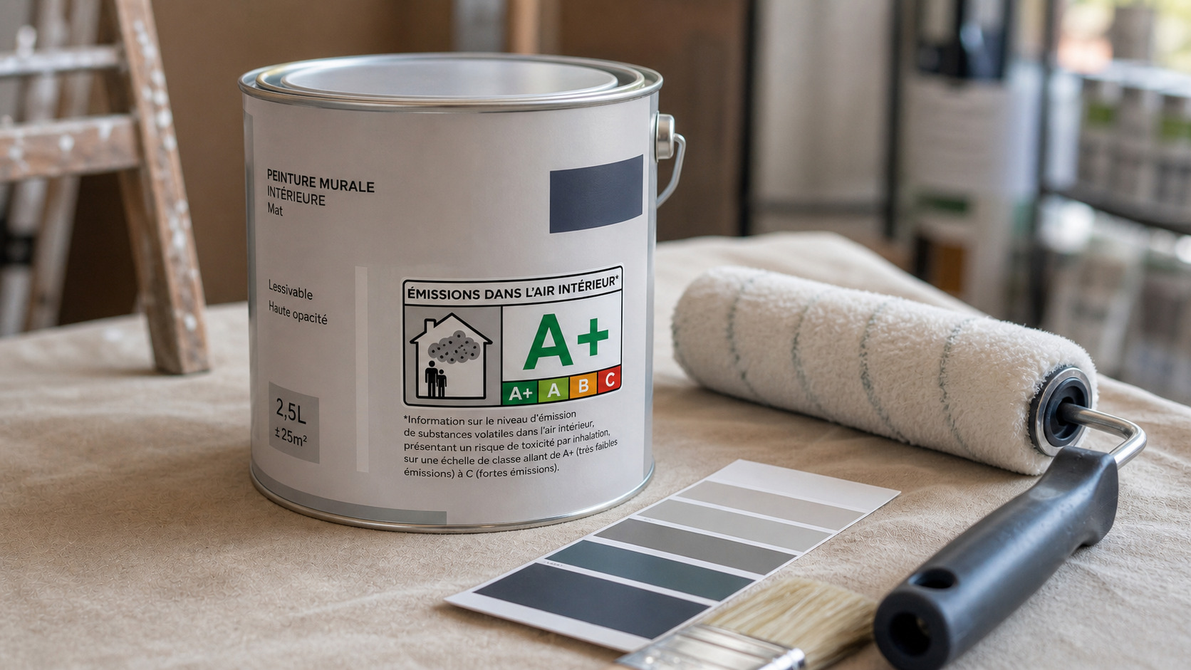 Pot de peinture avec étiquette d'émissions dans l'air intérieur posé près d'un rouleau