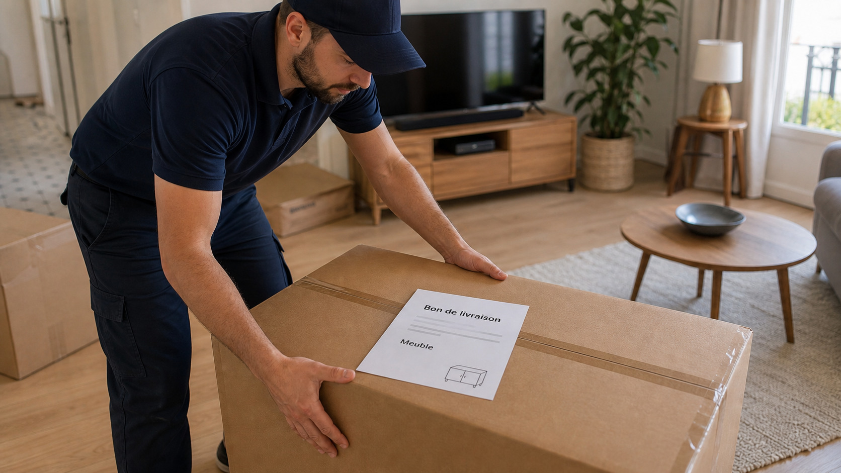 Livreur déposant un carton de meuble dans un salon avec bon de livraison visible