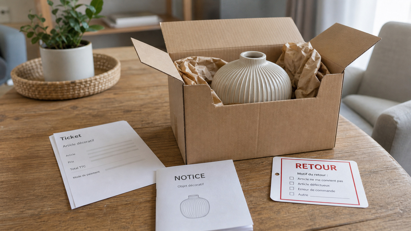 Objet décoratif replacé dans son carton avec ticket, notice et étiquette de retour