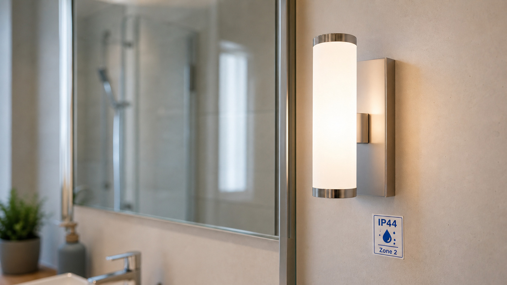 Applique de salle de bain avec indication d'indice de protection près d'un miroir