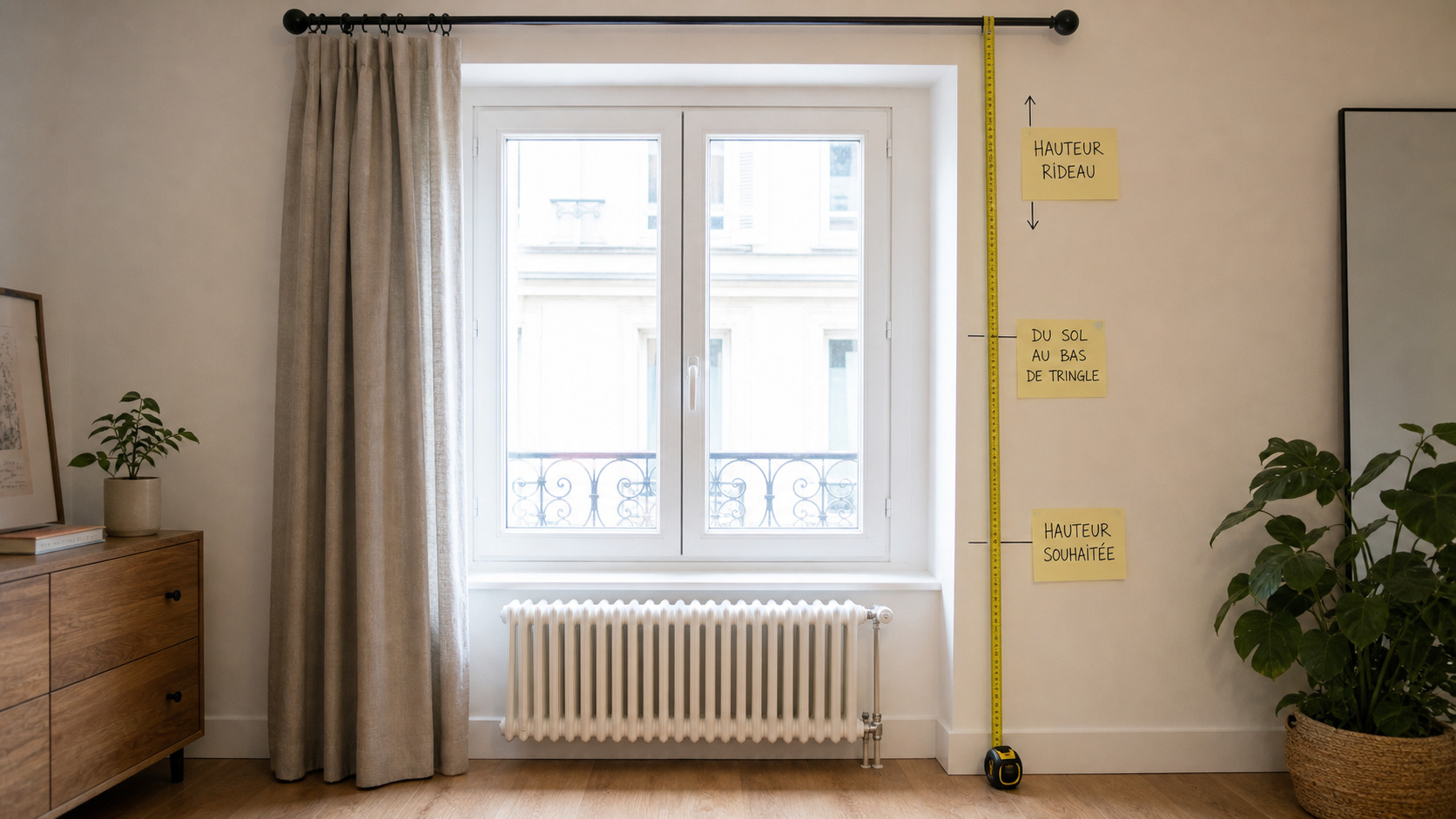 Fenêtre mesurée avec tringle, radiateur et hauteur de rideau indiqués